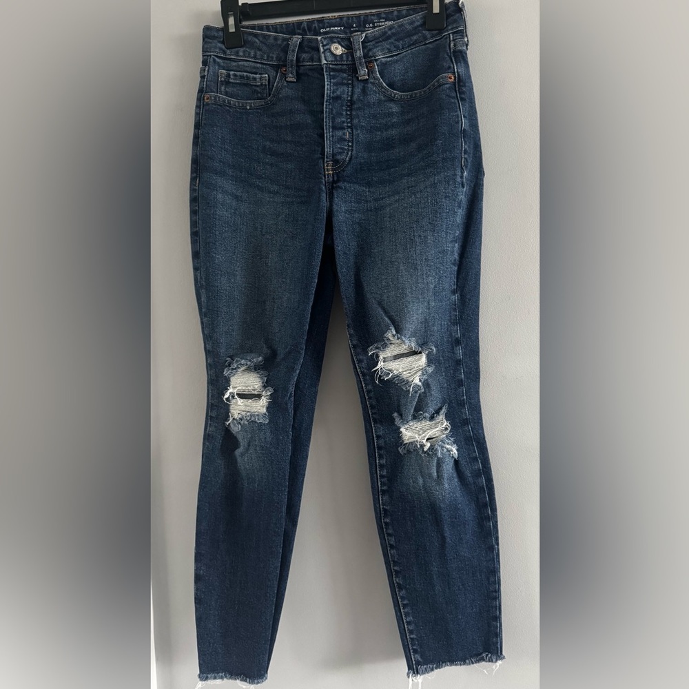 Old Navy High Rise OG Straight Jeans Size 4 Petite Distressed Raw Hem